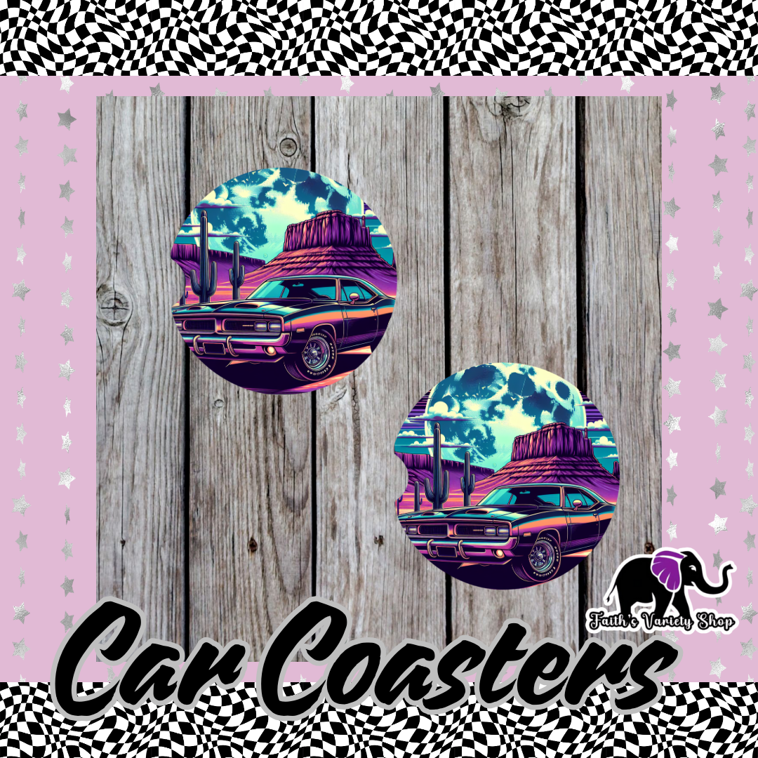 Car in Desert Sunset Car Coasters