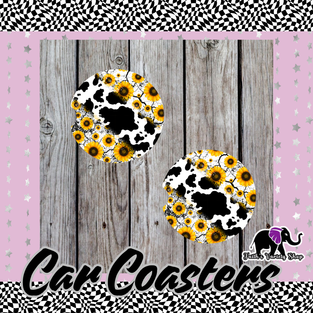 Cow and Sunflower Print Car Coasters