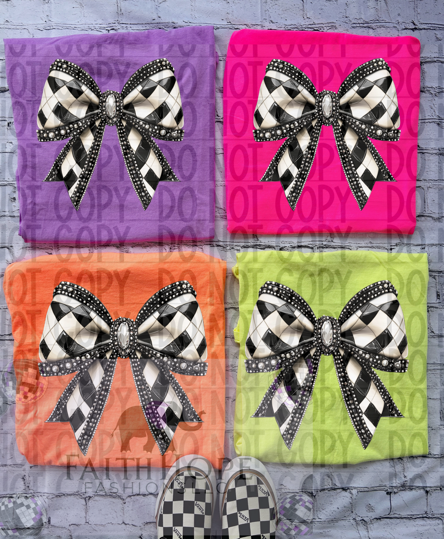 Black and white bows on Neon Comfort color Shirts