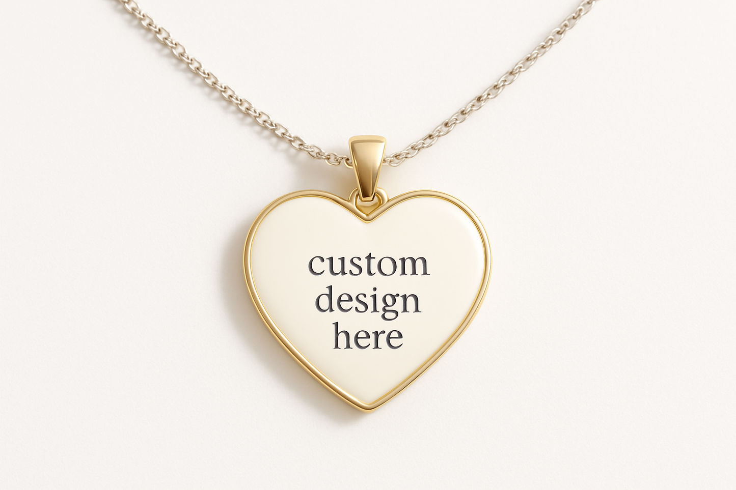 Create a mock up of a custom sublimation necklace in the shape of a heart that says custom design here