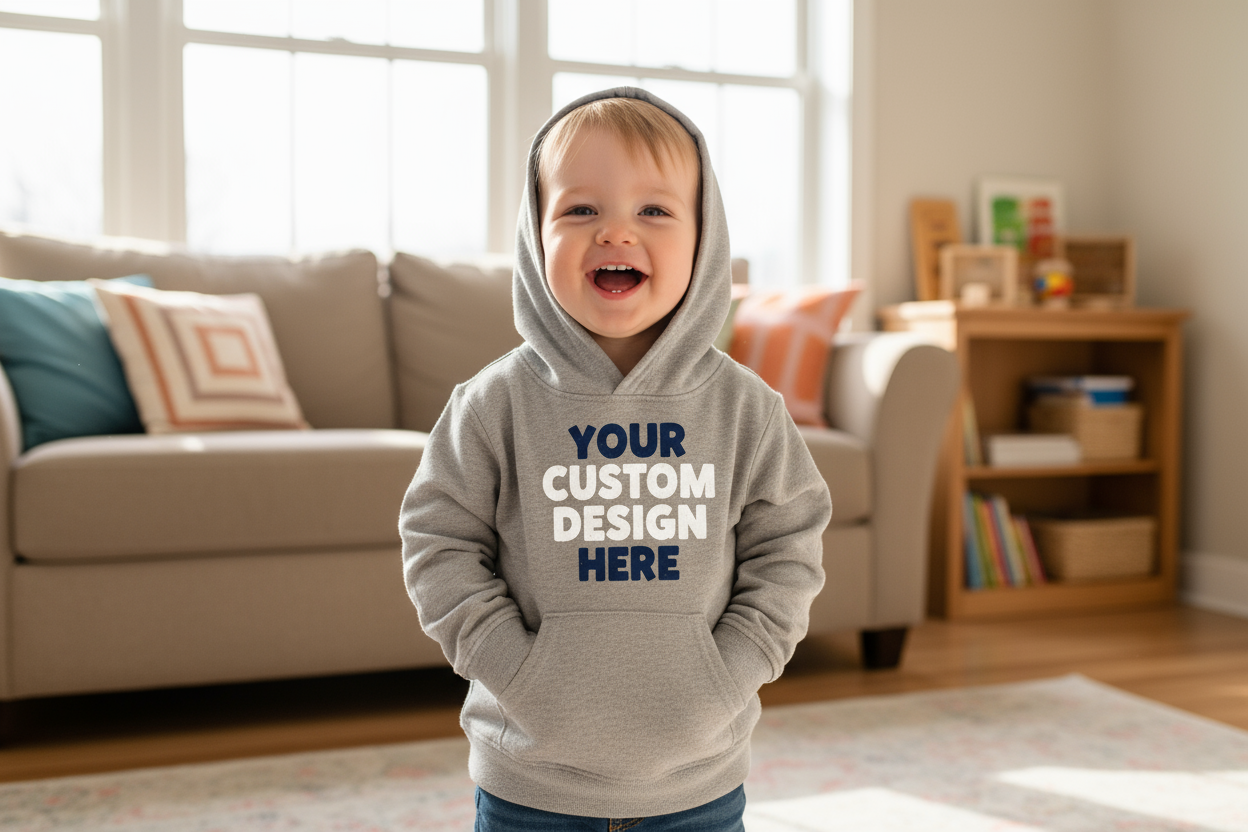 Create an image of a toddler wearing a hoodie that says your custom design here