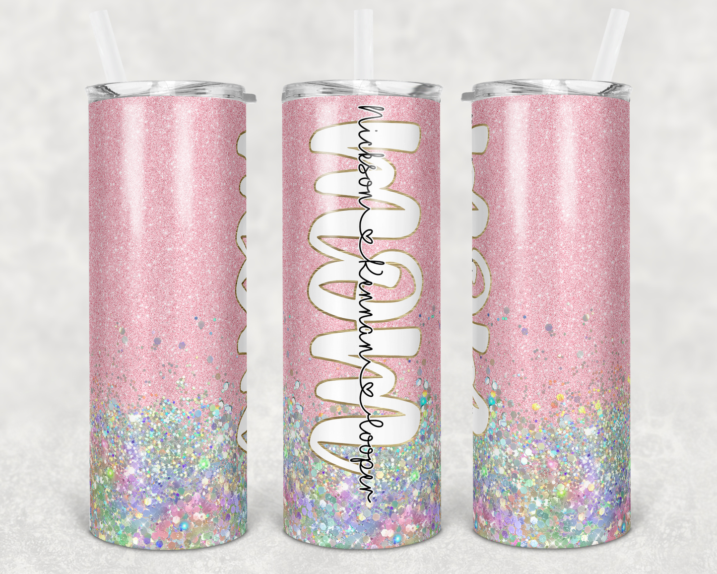Customizable Pink Glitter Mom Tumbler