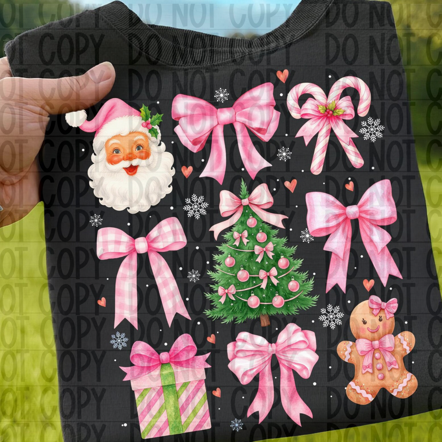 Santa bow Pink on black T-shirt