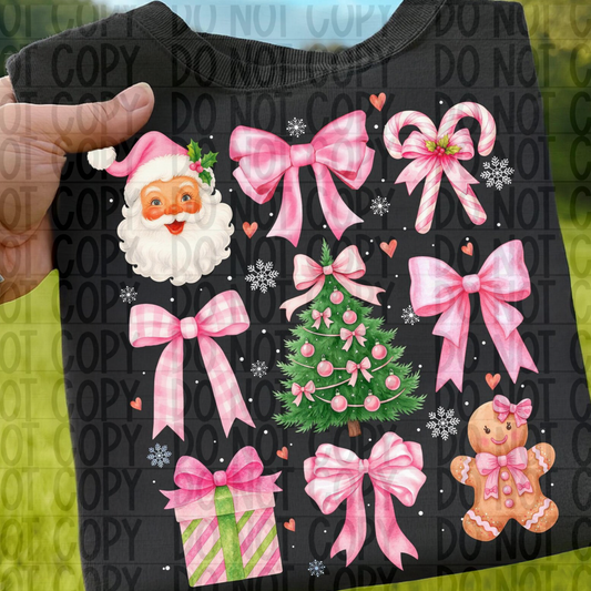 Santa bow Pink on black T-shirt