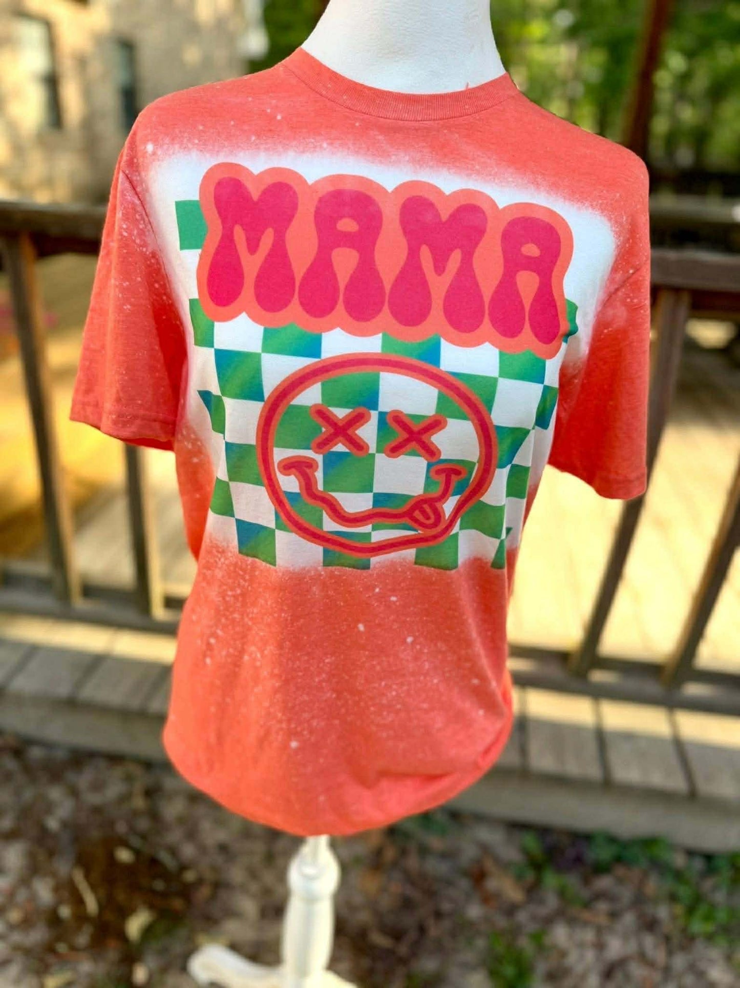 Retro Mama Checkered Background Bleached Shirt