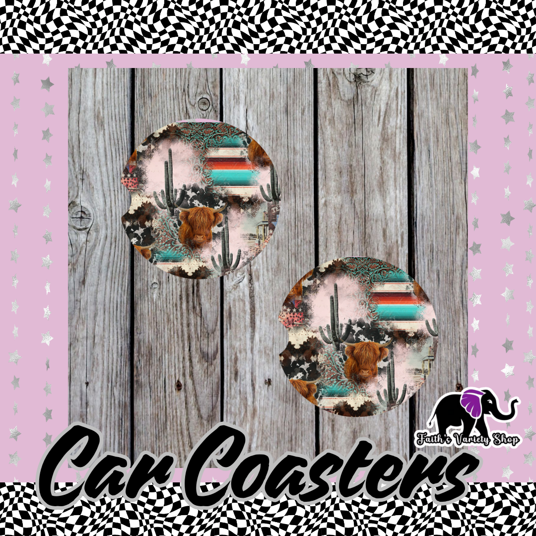 Western Highland Cow Car Coasters
