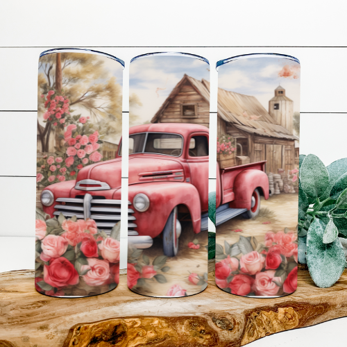 Vintage Red Truck with Roses Tumbler