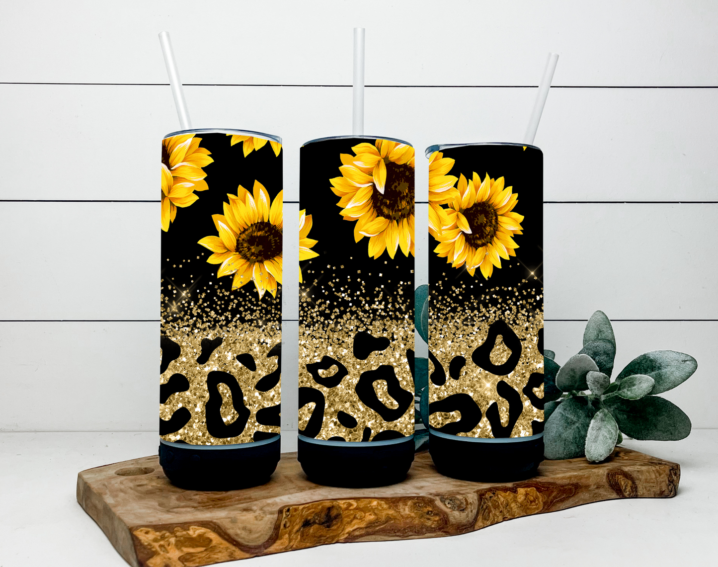Black and Gold Glitter Leopard with Sunflower Drinkware