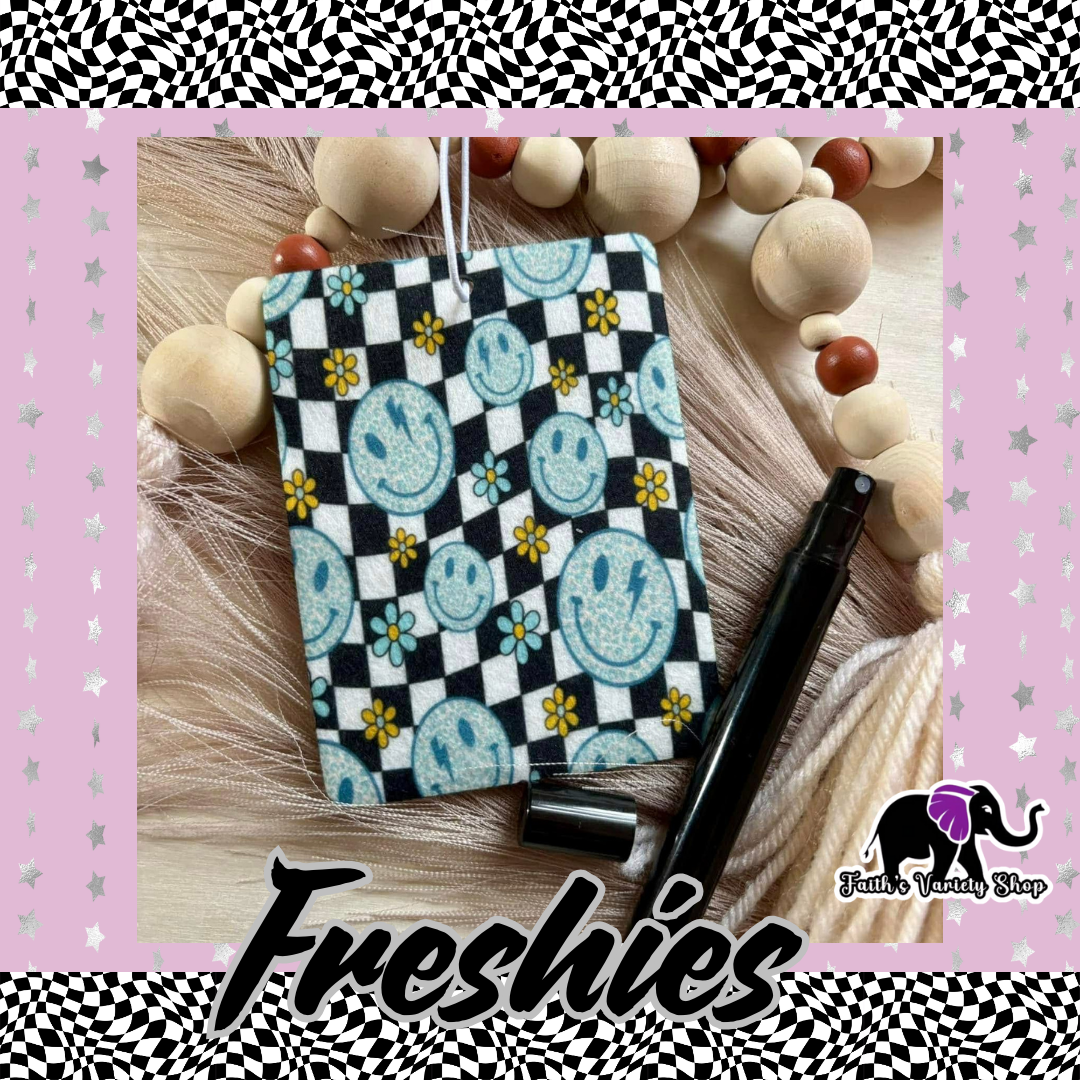 Blue Smiley Floral Checkered Felt Freshie