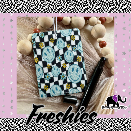 Blue Smiley Floral Checkered Felt Freshie