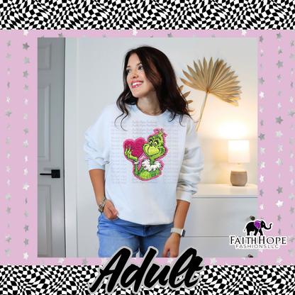 Fuzzy Grinch Heart Adult Sweater