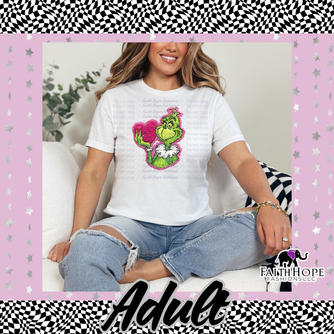 Fuzzy Grinch Heart Adult Shirt