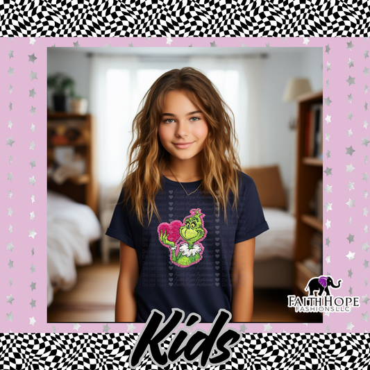 Fuzzy Grinch Heart Kids Shirt