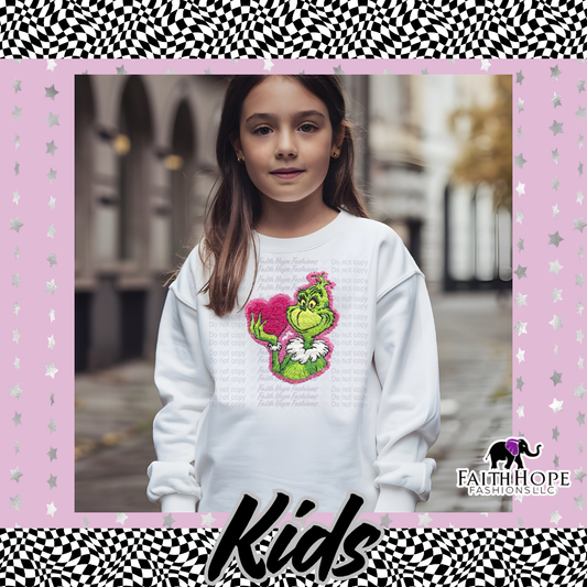 Fuzzy Grinch Heart Kids Sweater