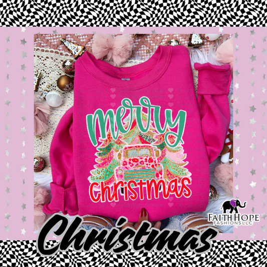 Girly Merry Christmas Truck and Trees Adult Shirt