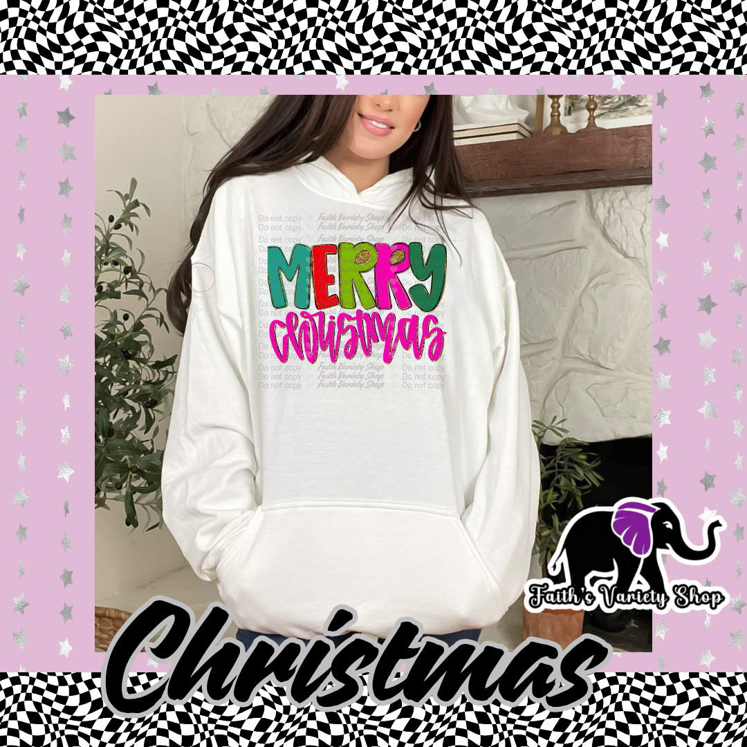Merry Christmas Green Red And Pink Adult Hoodie