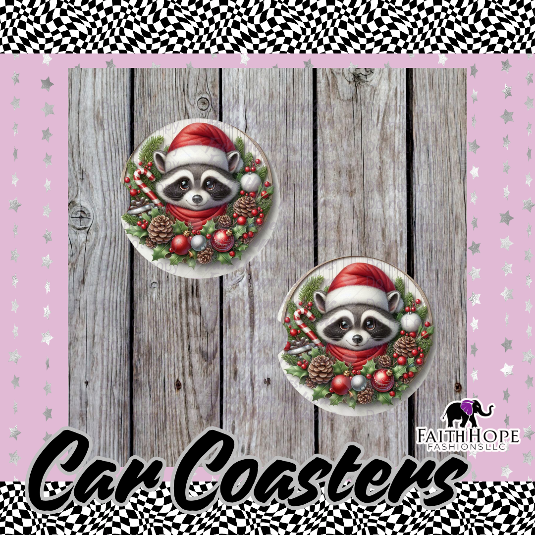 Raccoon Christmas Car Coasters