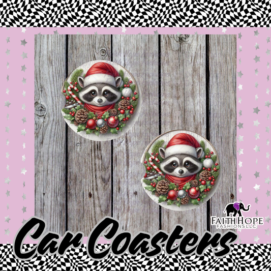 Raccoon Christmas Car Coasters