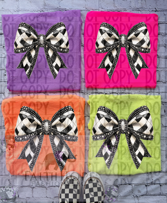 Black and white bows on Neon Comfort color Shirts