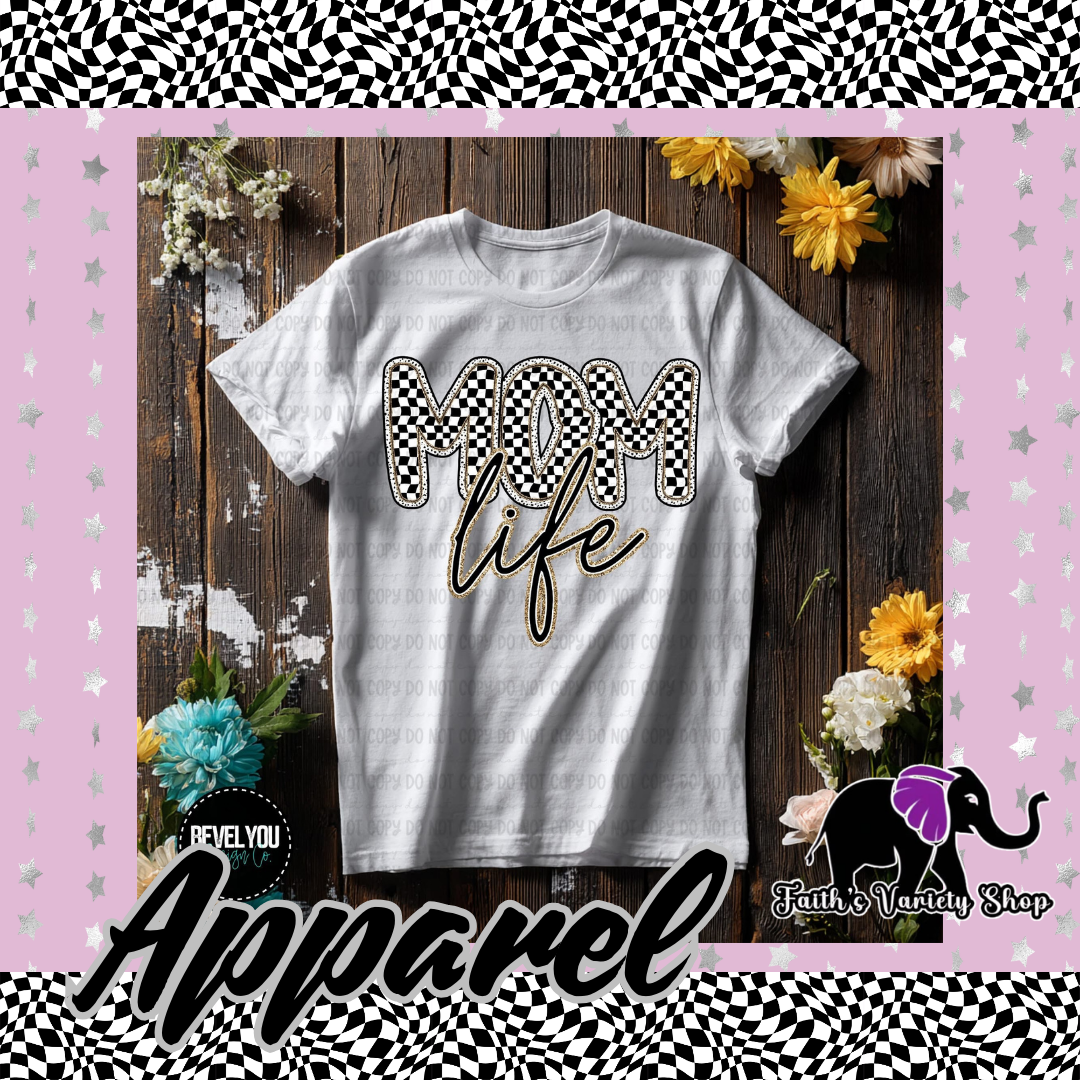 Checkered Mom Life With Gold Outline Apparel