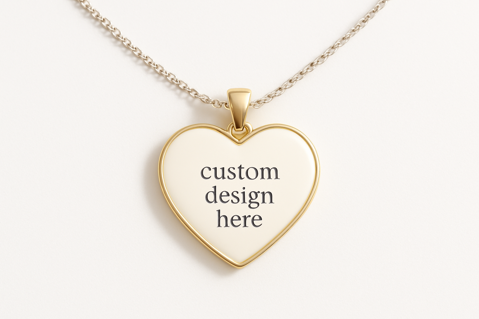 Create a mock up of a custom sublimation necklace in the shape of a heart that says custom design here
