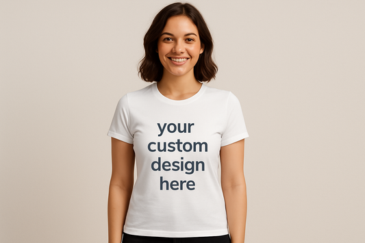 Create a mock up of a woman wearing a t shirt that says your custom design here