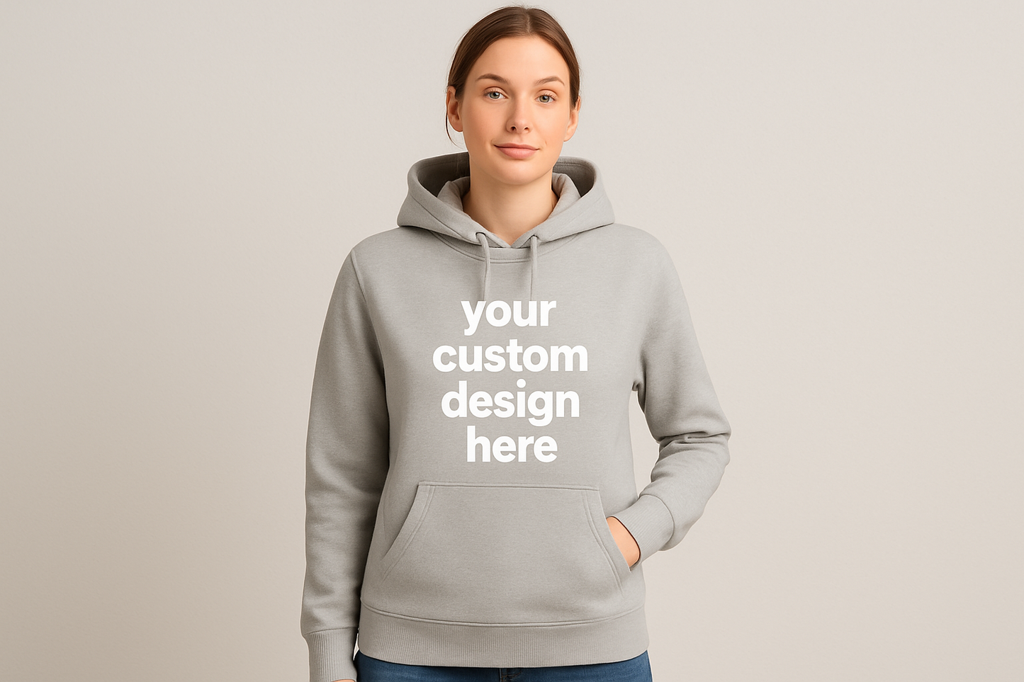 Create a mock up with an adult woman with a hoodie that says your custom design here