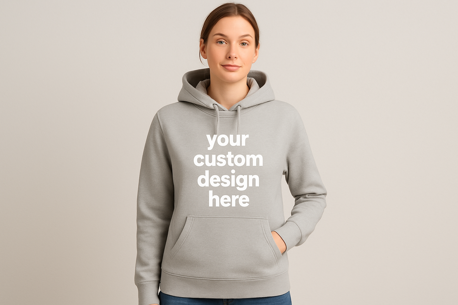 Create a mock up with an adult woman with a hoodie that says your custom design here