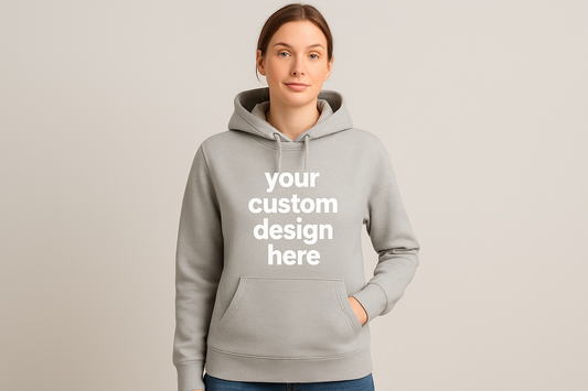 Create a mock up with an adult woman with a hoodie that says your custom design here