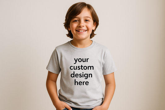 Create a mockup of a tween wearing a shirt saying your custom design here