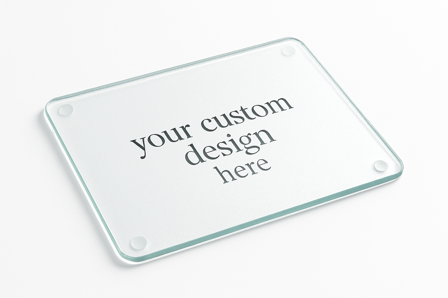 Create an image of a glass cutting board that says your custom design here