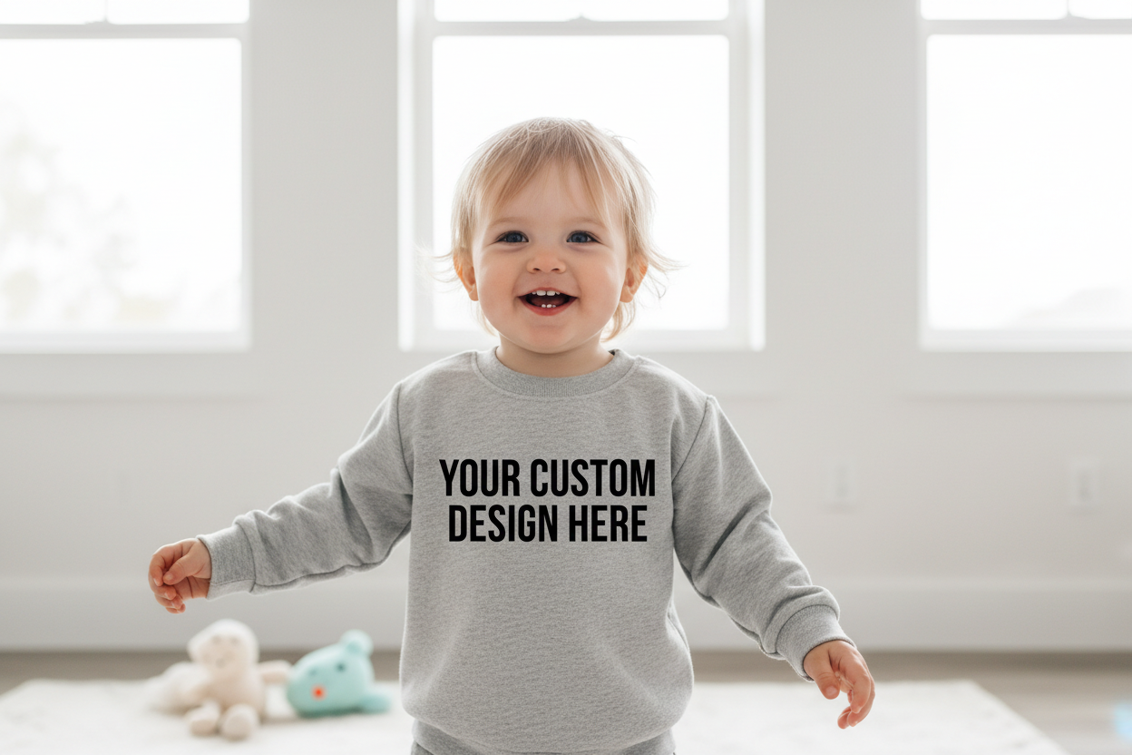 create an image of a toddler in a crewneck sweater that says your custom design here
