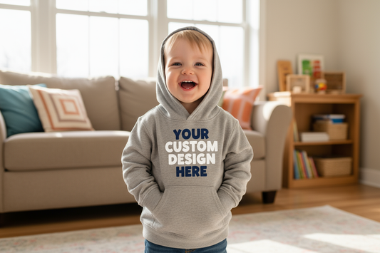 Create an image of a toddler wearing a hoodie that says your custom design here