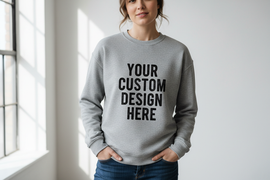 create an image of an adult wearing a crewneck sweater that says your custom design here
