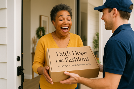Generate an image of a person receiving a box that says Faith Hope and Fashions Monthly Subscription Box