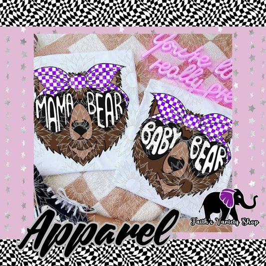 Checkered Purple Mama and Baby Bear Apparel